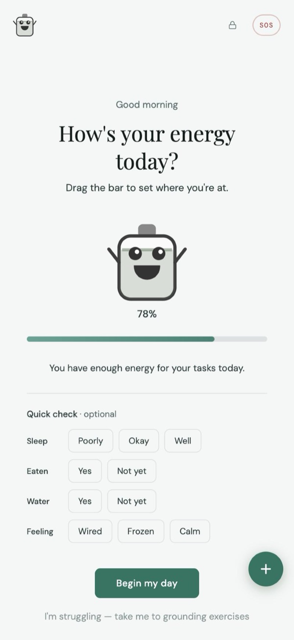 The morning check-in, with a slider to set today's energy