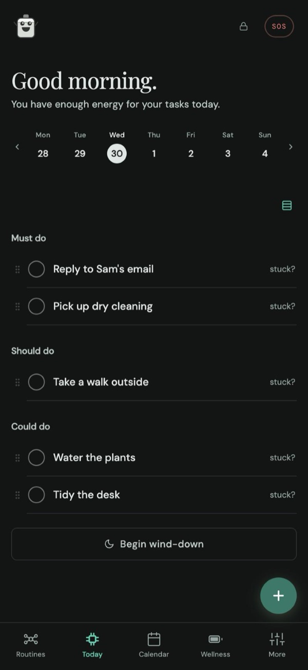 The Today screen in dark mode