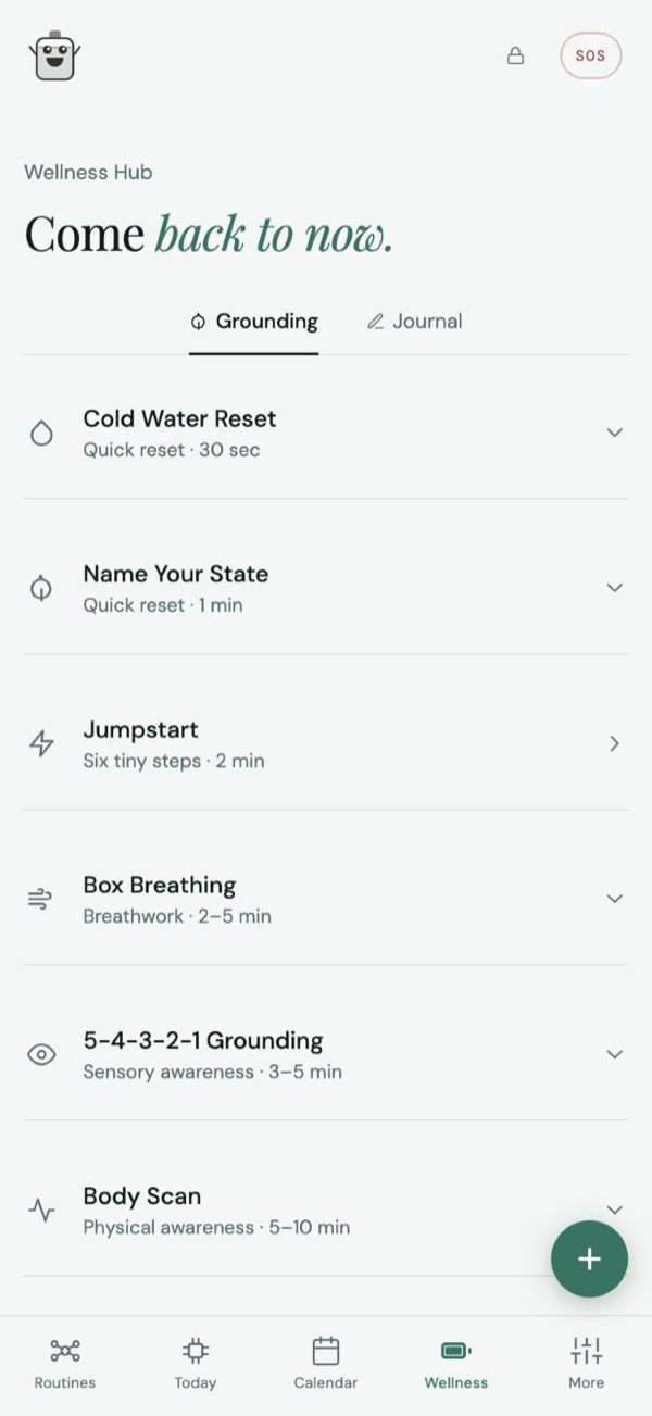 The wellness hub with grounding and breathing exercises