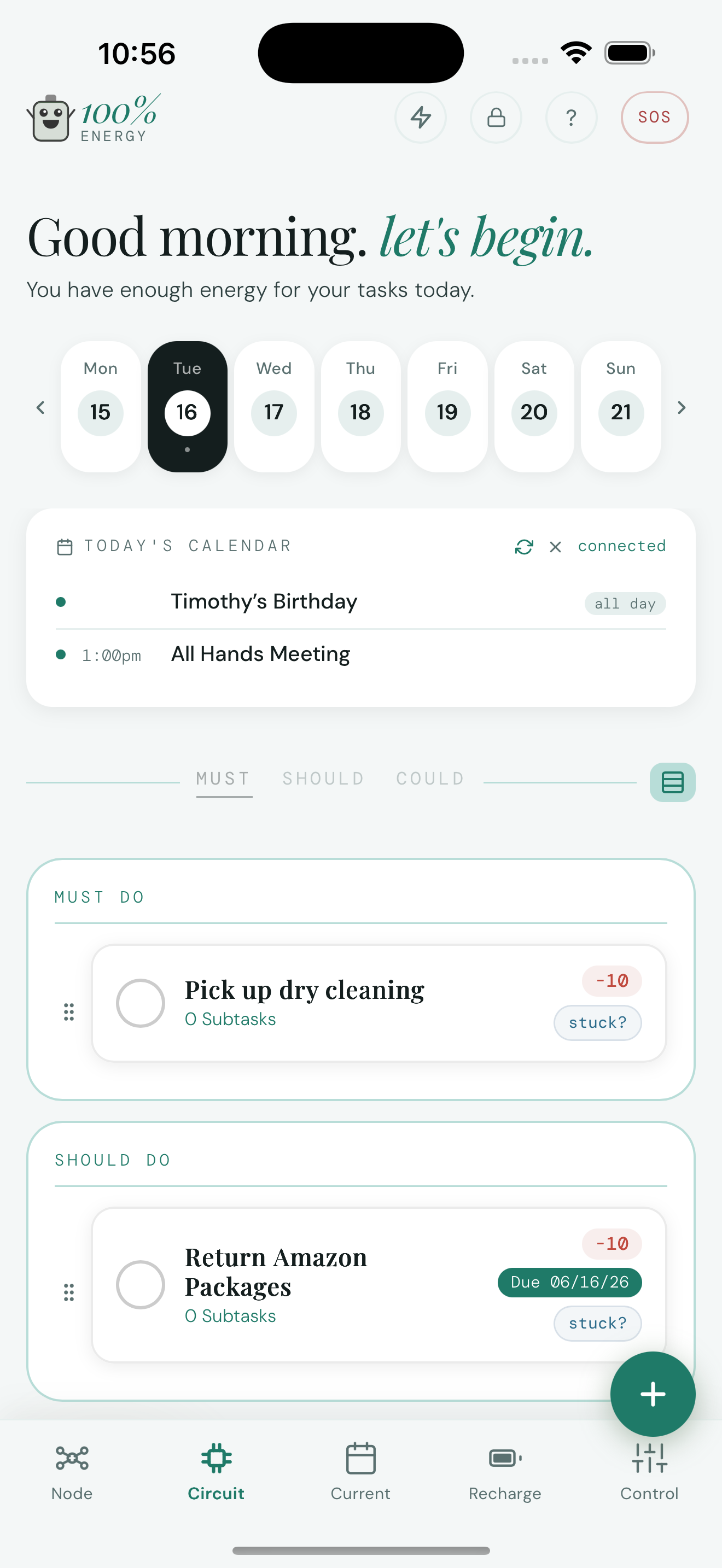 MyBattery Circuit view — today's tasks organized by energy level