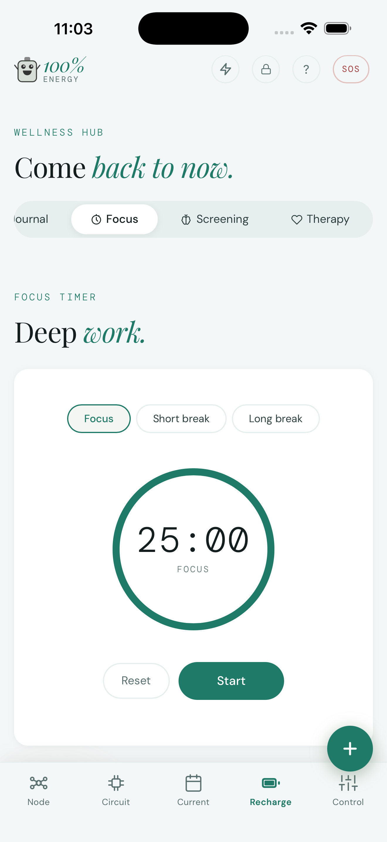 MyBattery Recharge view — focus timer