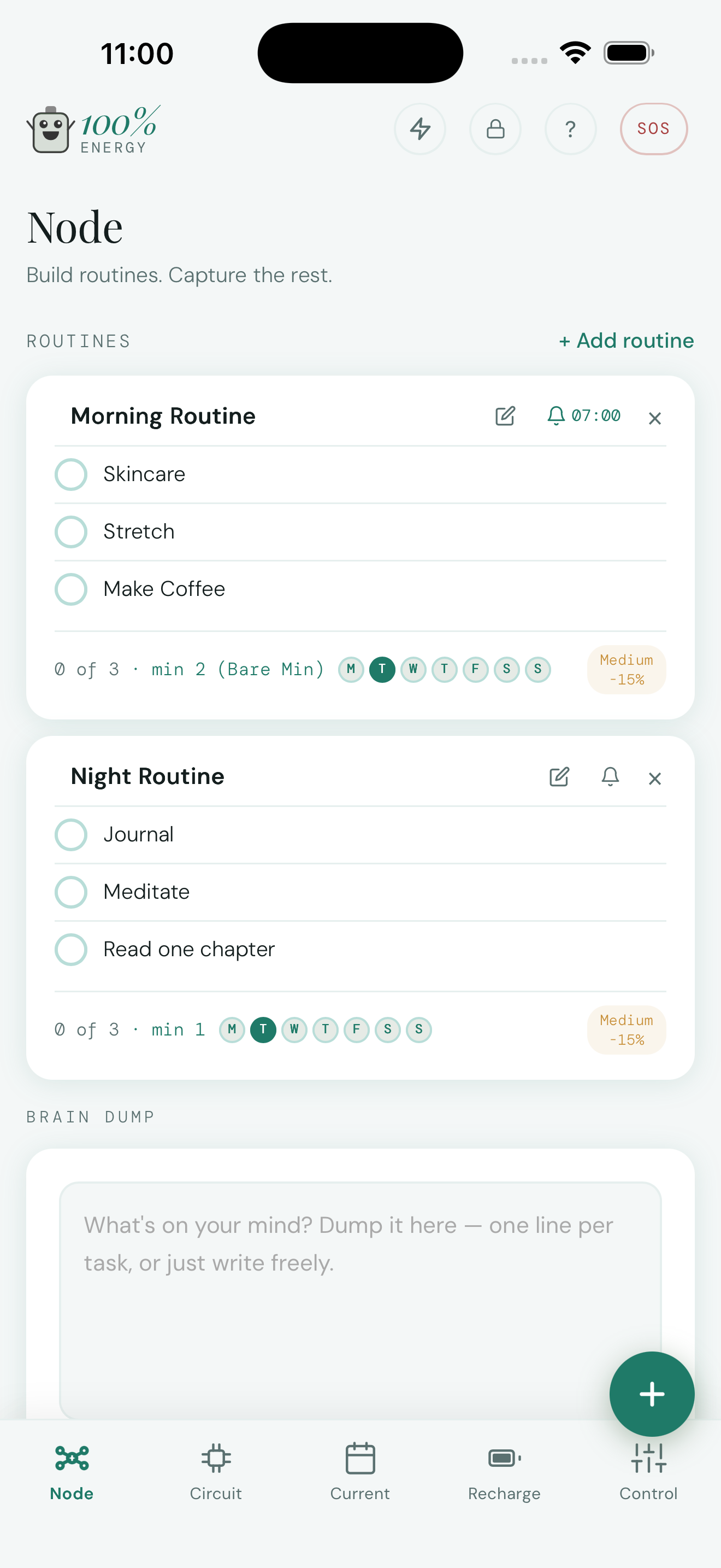 MyBattery Node view — morning and night routines